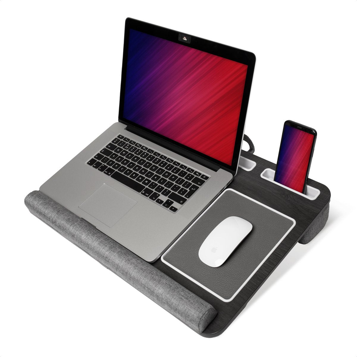 LURK® Ergonomische Laptopkussen met telefoonhouder en muismat – Laptoptafel met polssteun – Multifunctionele laptop standaard – Duurzaam memoryfoam & bamboe fineer