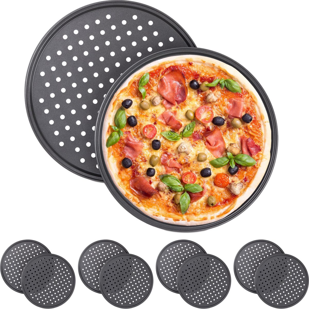 relaxdays 10 x pizzaplaat - pizza bakplaat - rond - antiaanbaklaag - geperforeerd grijs