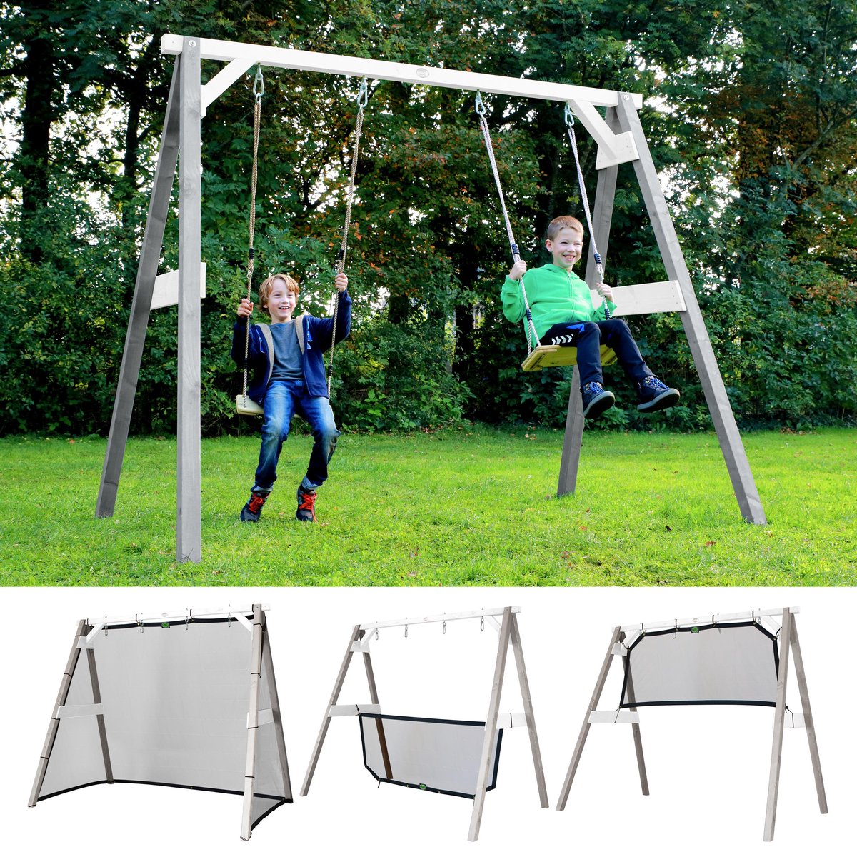4-in-1 SportsFun Grijs/wit - FSC 100% Hout - Wisselen tussen schommel - voetbal - volley - tennis