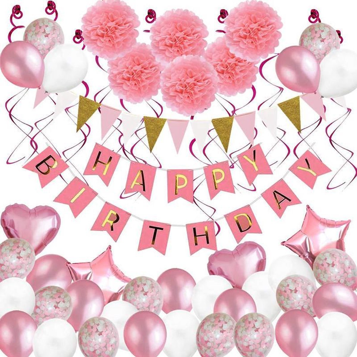 TDR - 56 delig Verjaardags decoratie / versiering set - Thema : Roze