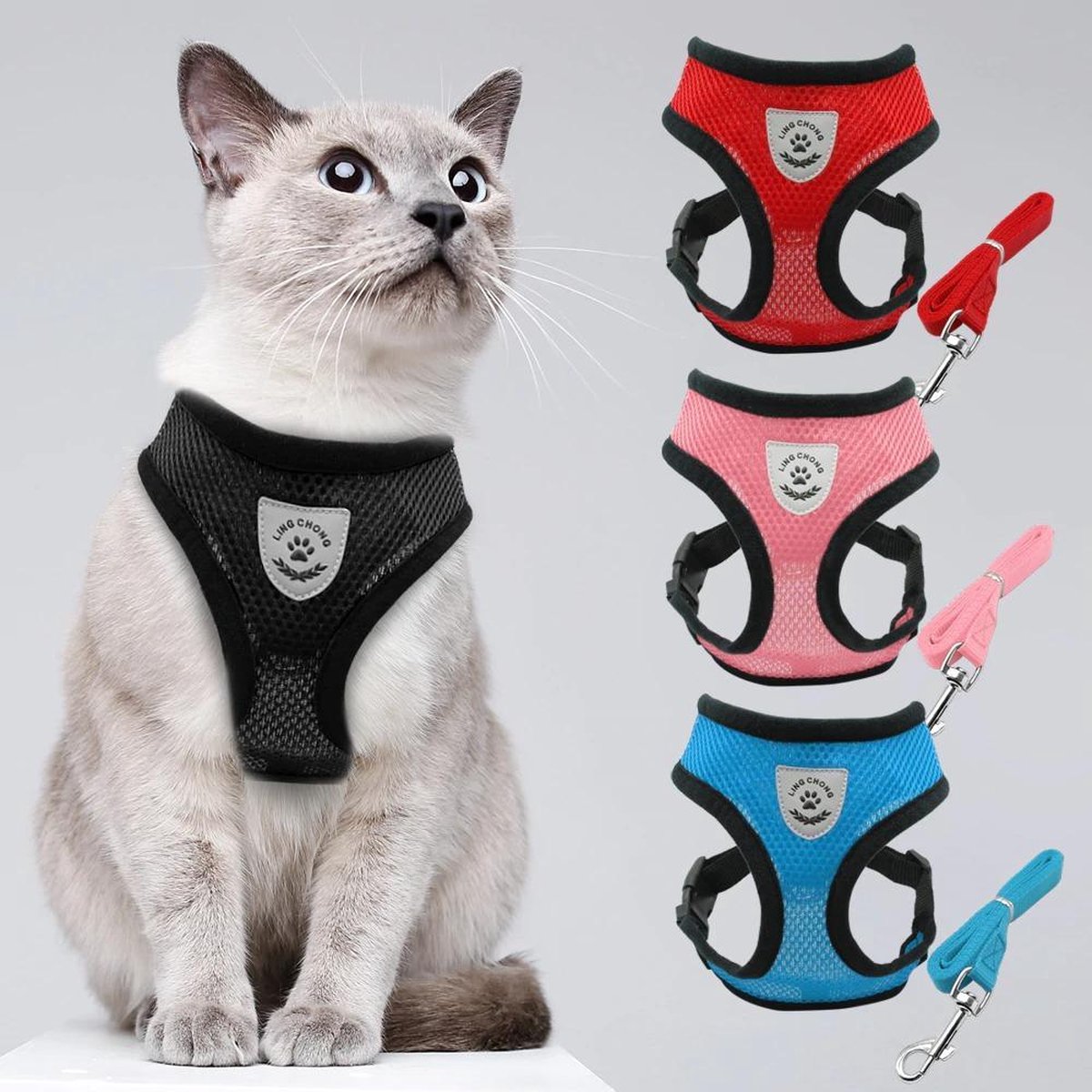 Kattenharnas met looplijn-Kattenharnas Verstelbaar-Harnas-Hondentuigje-Hondenharnas - Zwart - Maat M