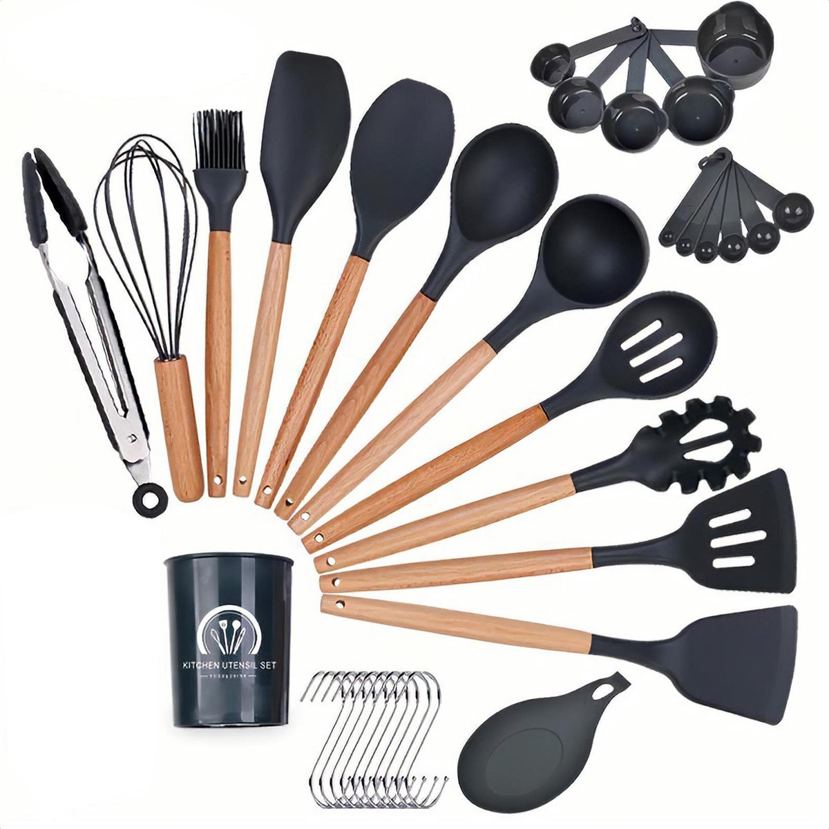 Avenq - Kookgerei set 24-delig- Keukengerei met houder- Incl maatlepels- Siliconen - Met ophanghaakjes - keukenbenodigdheden - Keukengerei Siliconen Set - Spatel silicone