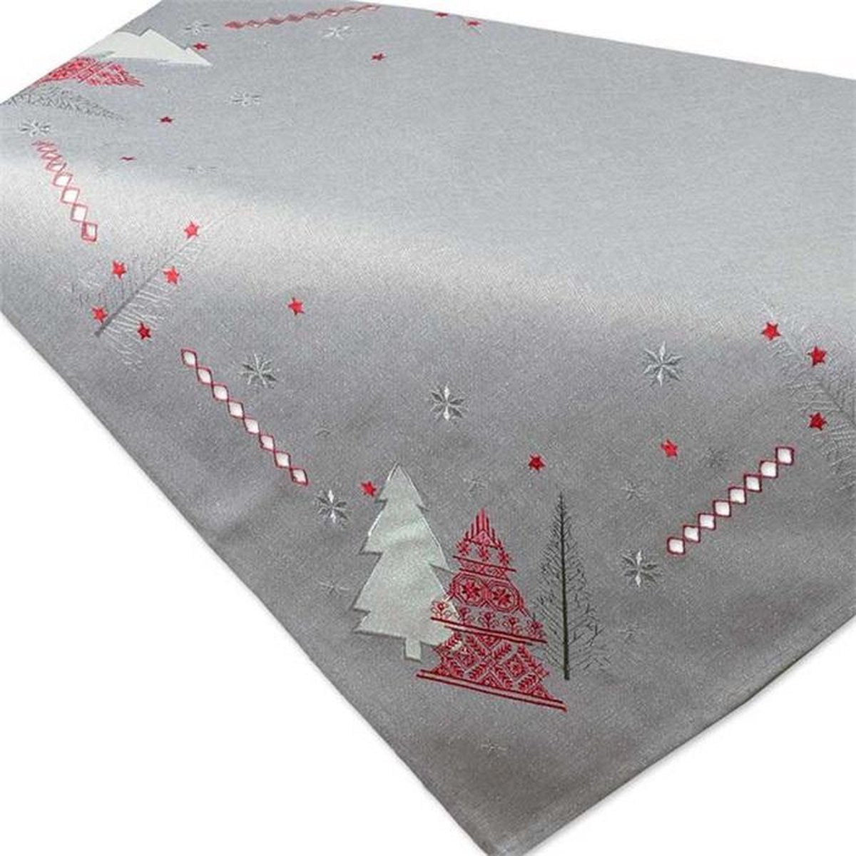 Kerst - tafelkleed - licht grijs met Kerstbomen in rood