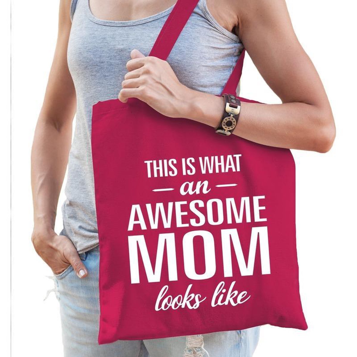 Kado tas This is what an awesome mom looks like fuchsia roze katoen - cadeau voor moeders