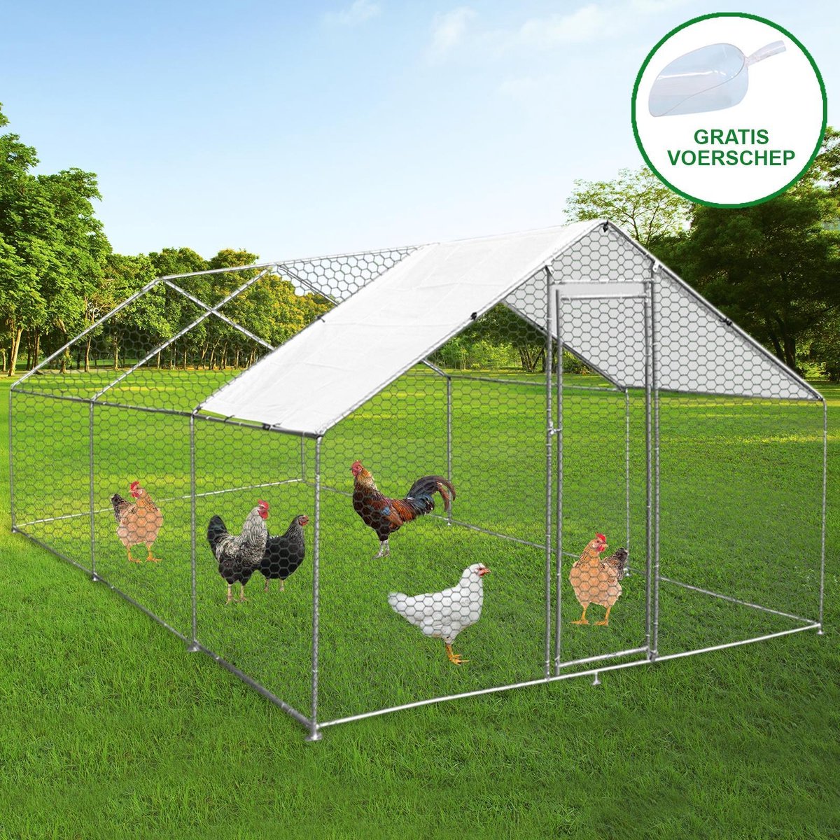 Vrijstaand Kippenhok Kippenren Kippenverblijf 4m x 6m x 2m Gratis dak hoezen en voedingsschep