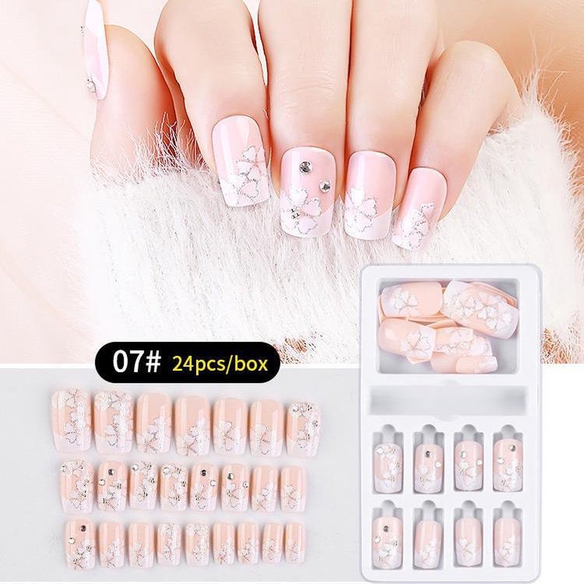 Herbruikbare Kunstnagels Strass #7 Roze/Klaver 24st.