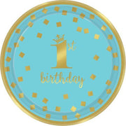 Kartonnen Bordjes 1st Birthday Blauw/Goud 18 cm  (8st) verjaardag 1 jaar