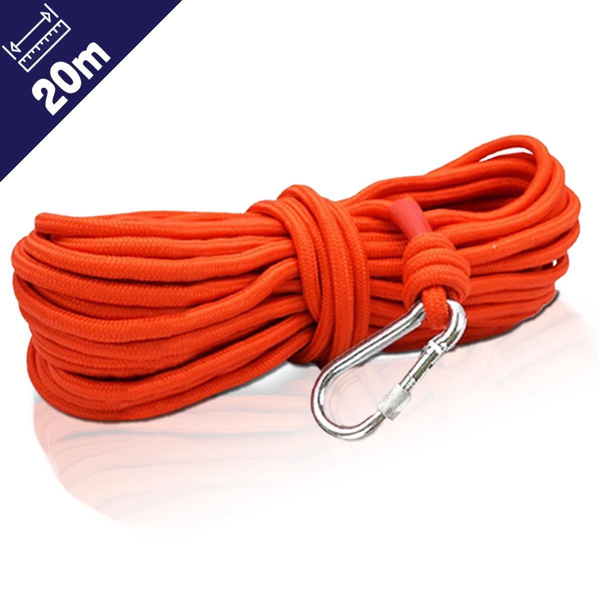 Magfishion® Vismagneet Touw - 20 Meter - Karabijnhaak - 500 KG Trekkracht – Dik Touw met Musketonhaak - Oranje