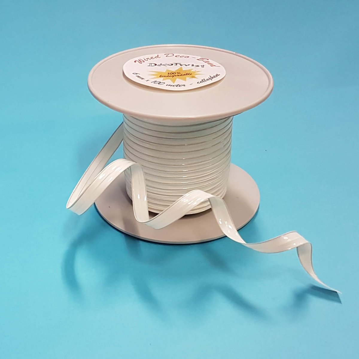 Deco Ribbon 100% Biodegradable White 6mm x 100 meters and enhanced with metal wire (1 roll)