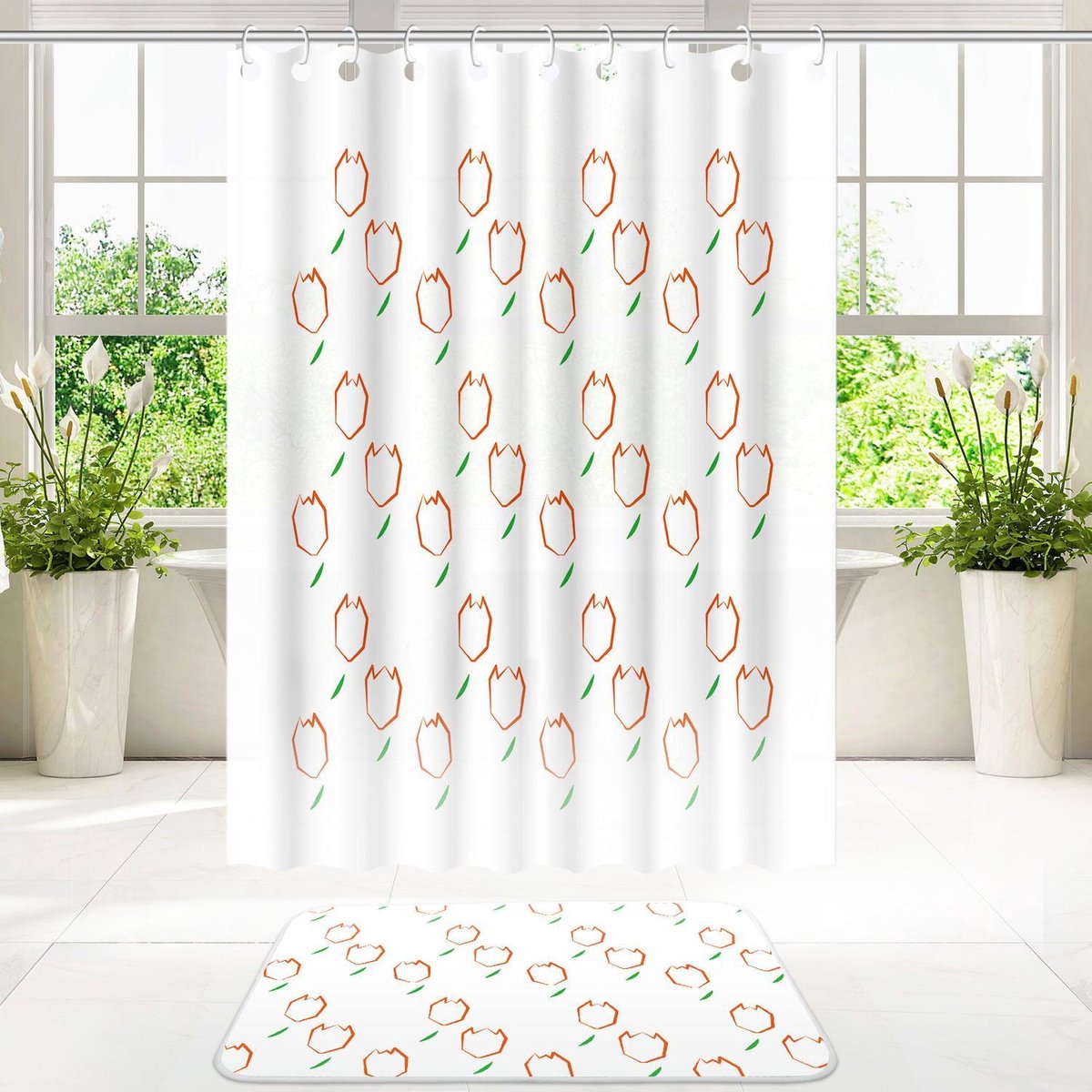 Su.B.dgn Designer Douchegordijnen Set 180x200 met Badkamer Vloer Mat  50x80 Polyester  Waterproof Mat | Wit en Groen Blad Tulp