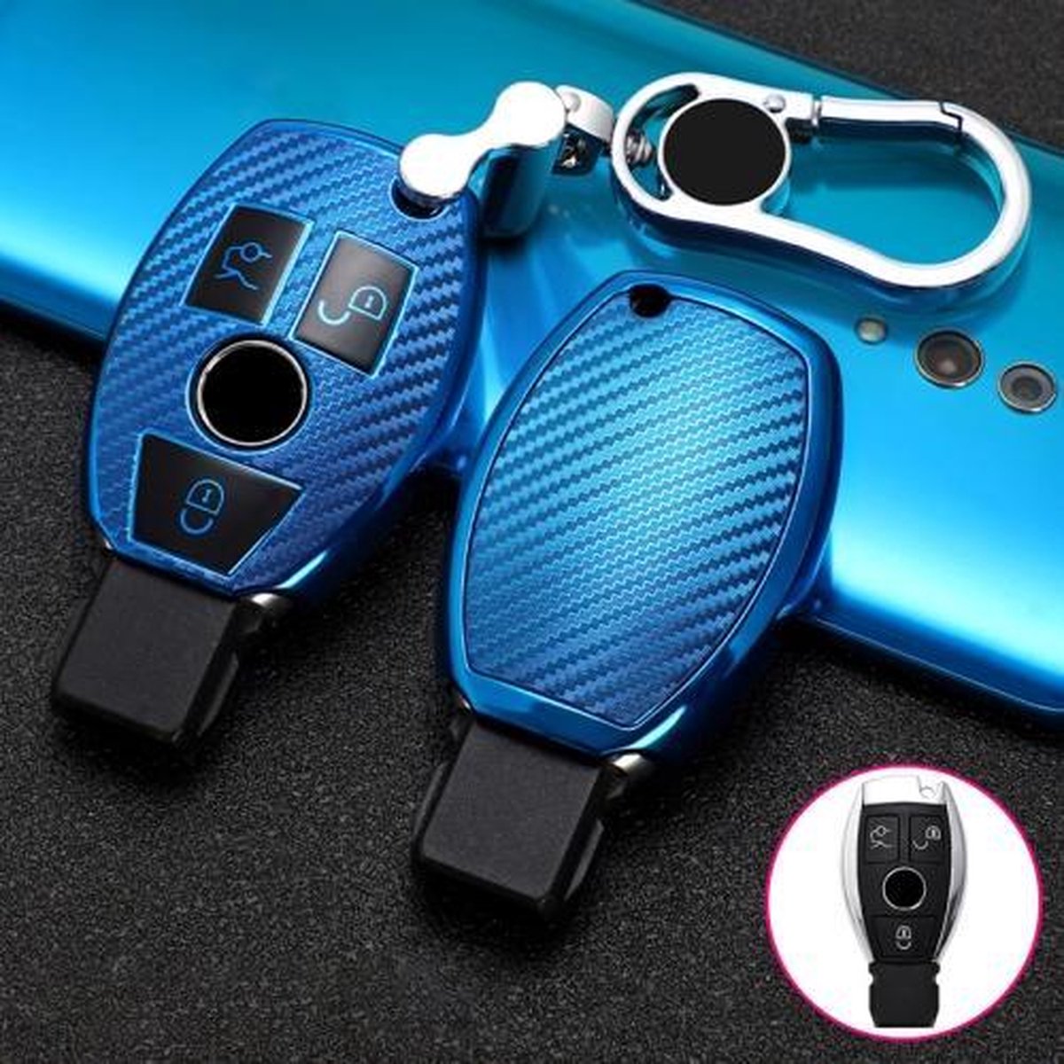 Voor Mercedes-Benz C-Klasse 3-knops B-versie Auto TPU-sleutel Beschermhoes Sleutelhoes met sleutelring (blauw)