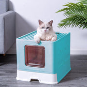 Kattenbak met luik en lade – inklapbaar -  inclusief schep – Blauw grijs