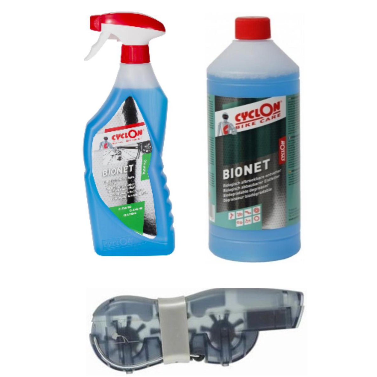 1x Olie cyclon bionet triggerspray + 1x Cyclon Bionet Ontvetter 1 liter 1 x Chain cleaner deluxe + drinkbus