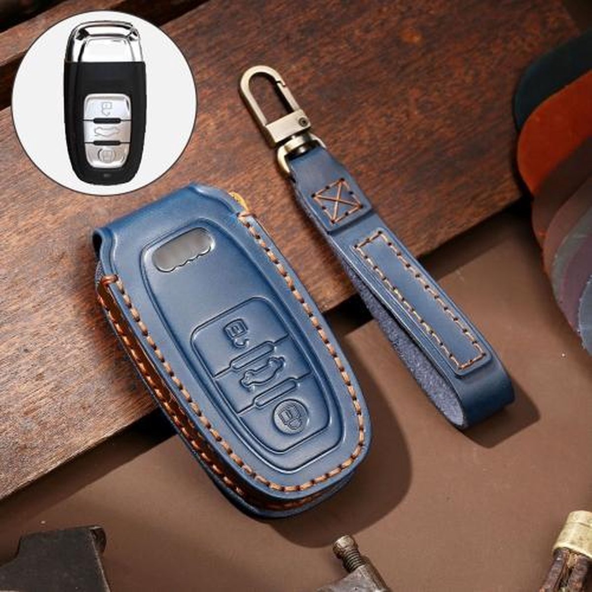 Hallmo Auto Koeienhuid Lederen Sleutel Beschermende Cover Sleutel Case voor Audi A6L / A8L / A4 / A7 / A5 B Stijl (Blauw)
