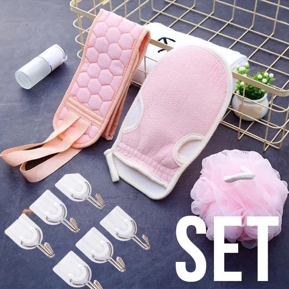 Allernieuwste SET Roze 4-delig Luxe Scrub Bad Douche Pakket Massage Spa Rug Washandje Bol Huidverzorging Badkamer - Geschenkset 4 delig ROSE
