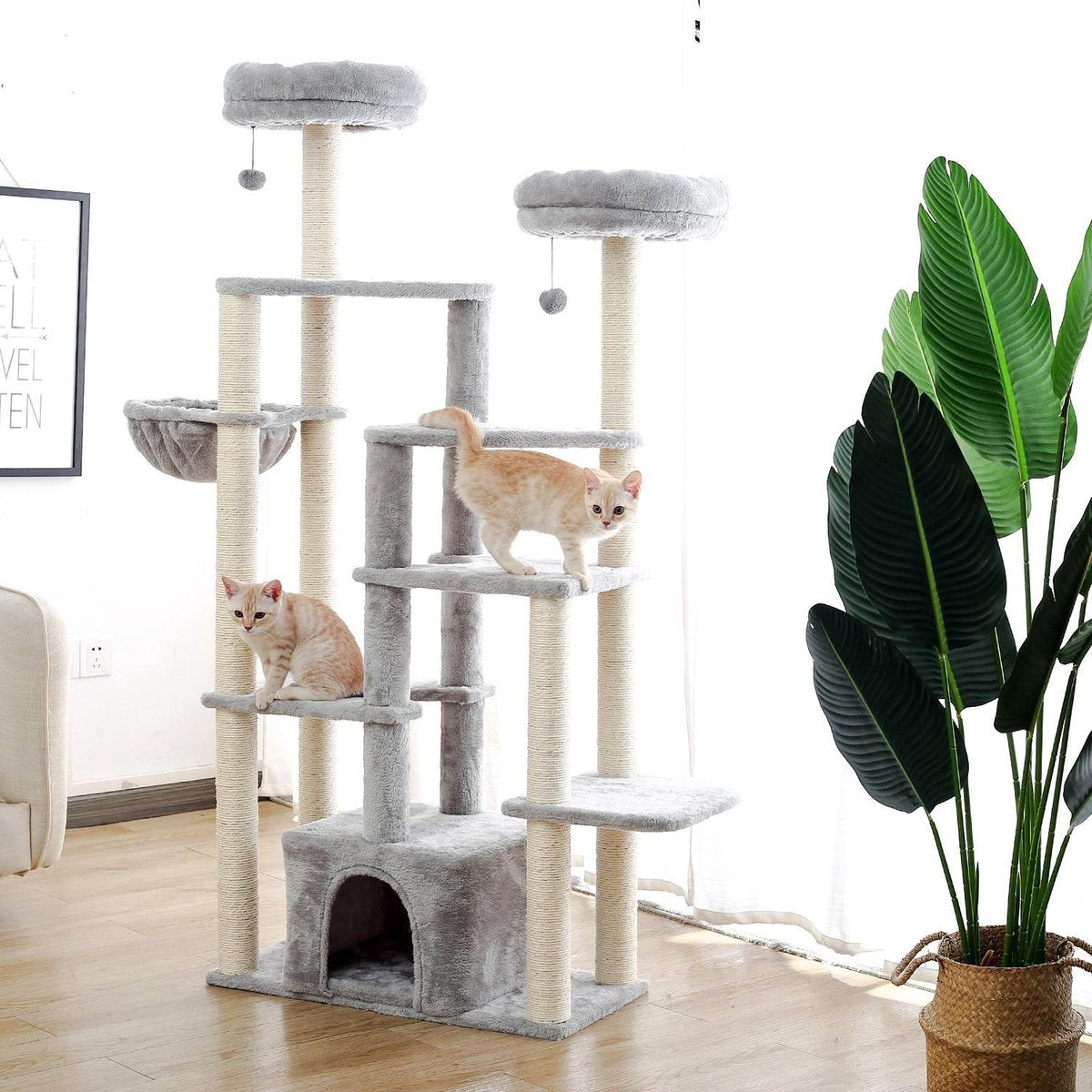 Baymate Huisdier Krabpaal Huis Toren Condo met hangmat Massief Houten Kat Krabben Kat Gat Scratcher Post Pads voor Katten Kitten AMT0073GY