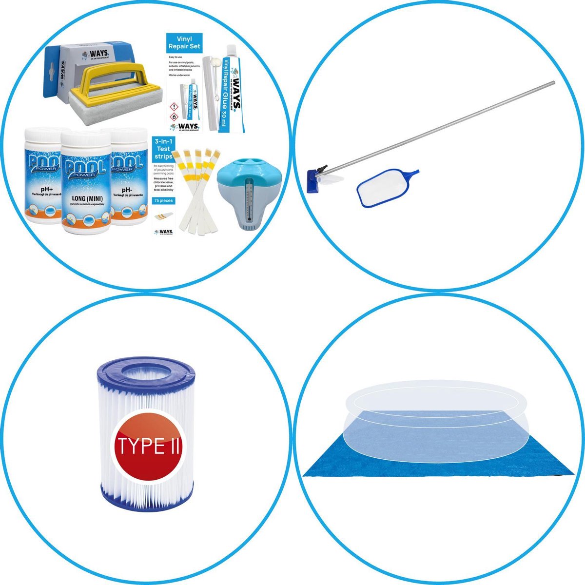 WAYS - Zwembad Accessoirepakket 4-delig - WAYS Onderhoudspakket & Zwembad filters Type II & Onderhoudsset & Grondzeil
