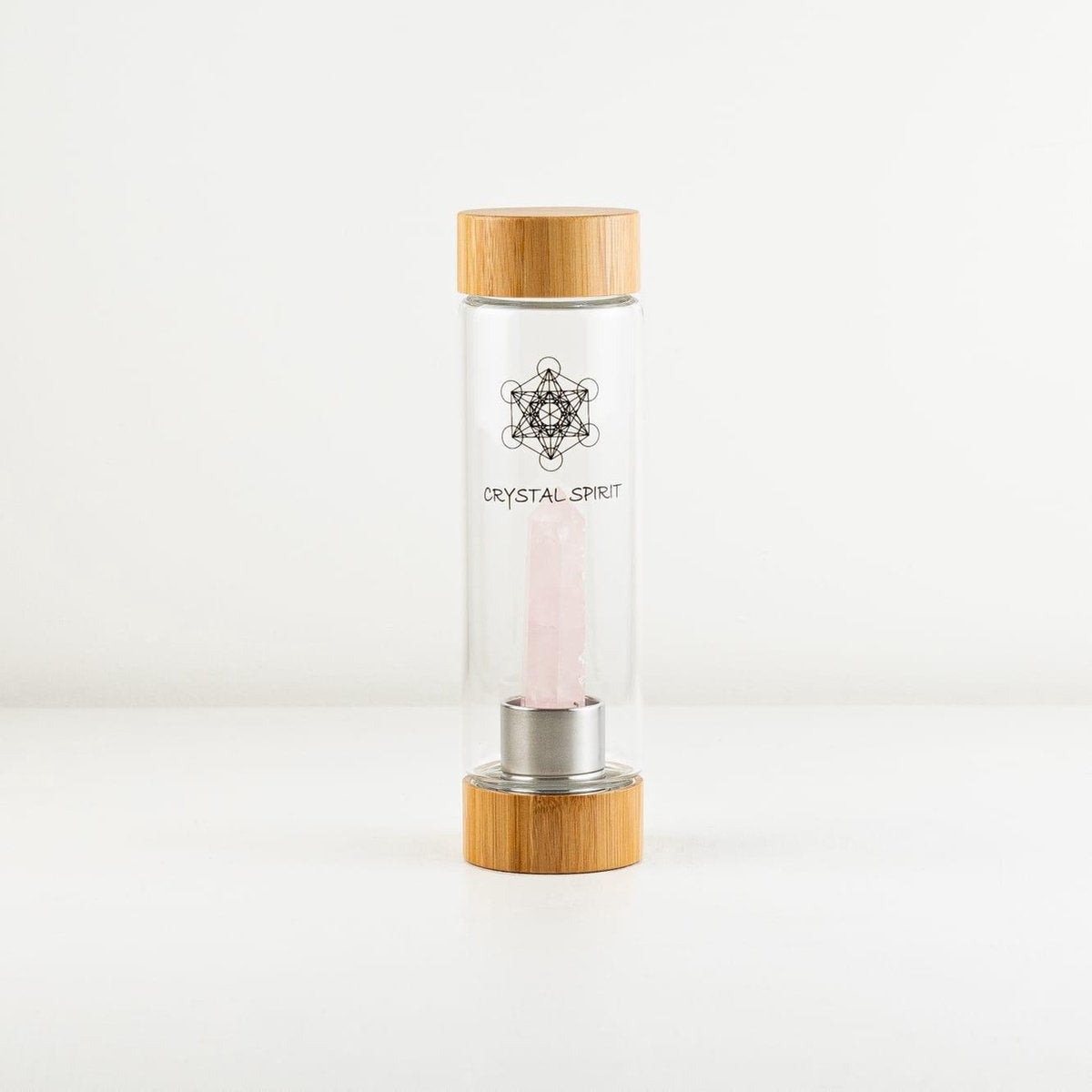 Crystal Spirit - Waterfles met kristal - (NL 2dgn levertijd)  - Rose Quartz - grote edelsteen - hexagon edelsteen - Rozen Quartz - 550ml - edelsteenwater - bamboe
