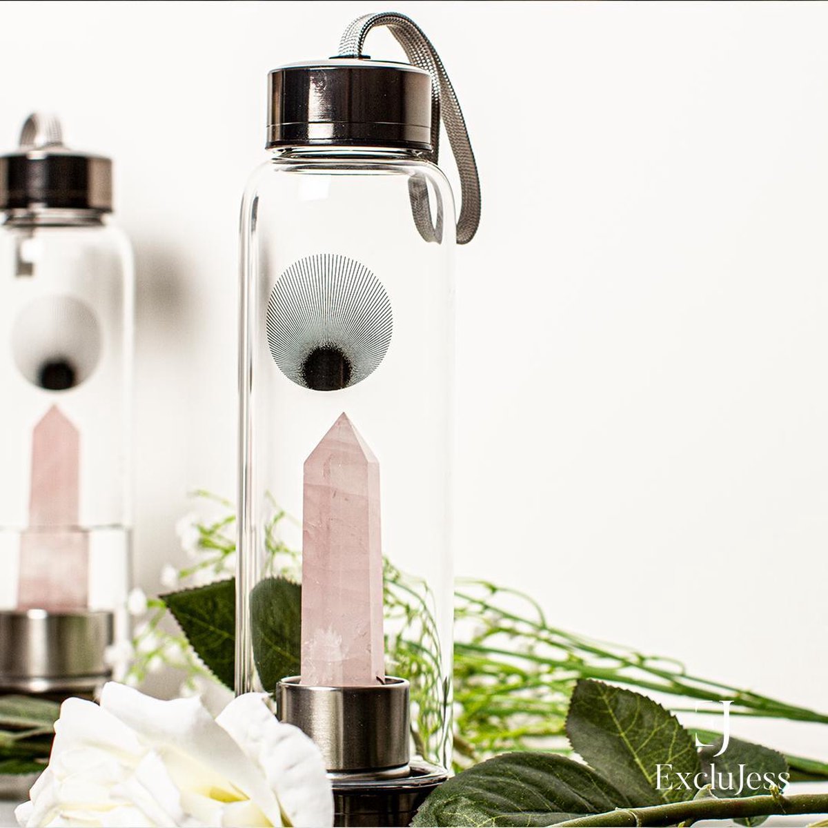 ExcluJess zwarte RVS drinkfles met rozekwarts