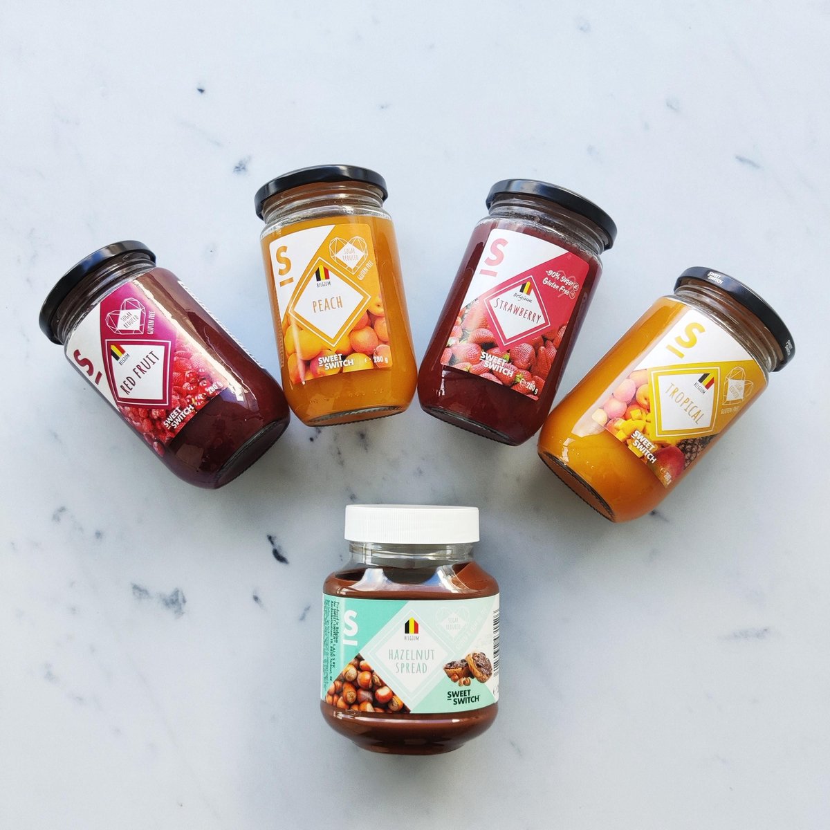 SWEET-SWITCH® - Spread Box - Confituur - Hazelnootpasta - Jam - Beleg - Suikerarm - Glutenvrij - Palmolievrij - Geschenk - Chocolade cadeau - 5 producten