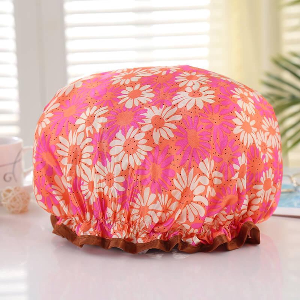 Afabs® XL Extra grote Douchemuts / Shower cap / Douchekapje / Douchecap voor vol haar / krullen / afro - Oranje / roze met bloemen