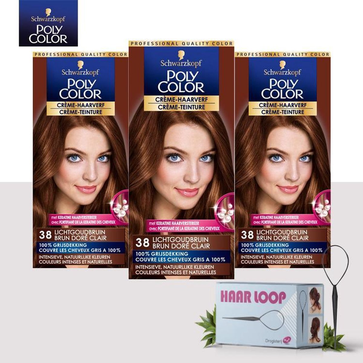 Schwarzkopf Poly Color Creme Haarverf - 38 Lichtgoudbruin - 3 Pack Voordeelverpakking + Haarloop