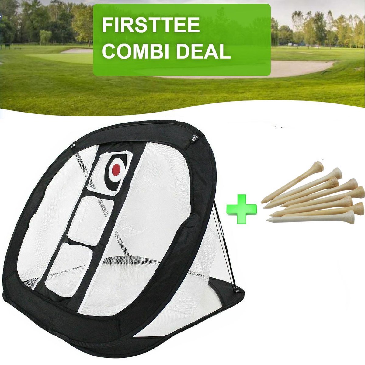 Firsttee - COMBI DEAL - Chippingnet (3 gaten) & 25 Bamboe Tees (70MM) - Golf accessoires - Cadeau - Oefennet- Training - Golftrainingsmateriaal - Golfset - Golfclub - Golfballen - Trainingsmaterialen -  Mat - Putting - Net - Golfballen - Swing - Tees