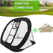 Firsttee - COMBI DEAL - Chippingnet (3 gaten) & 25 Bamboe Tees (70MM) - Golf accessoires - Cadeau - Oefennet- Training - Golftrainingsmateriaal - Golfset - Golfclub - Golfballen - Trainingsmaterialen -  Mat - Putting - Net - Golfballen - Swing - Tees
