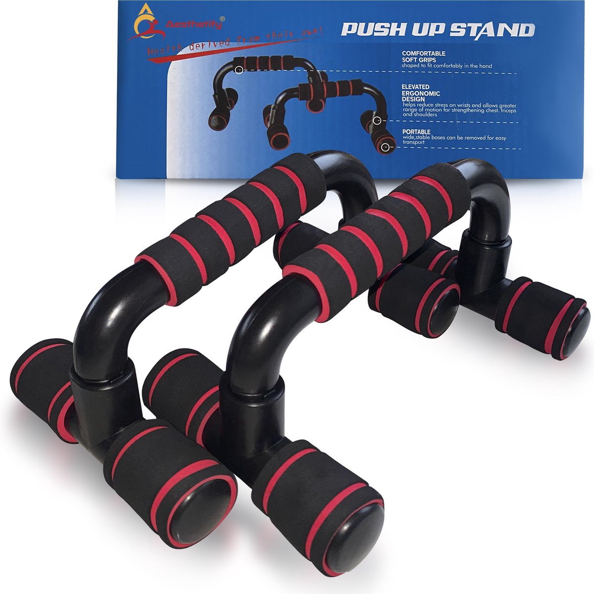 Aesthetify Push Up Bars - Opdruksteunen - Push Up Grips - Anti slip - Ergonomische grepen - Thuis Fitness - Compact - Rood