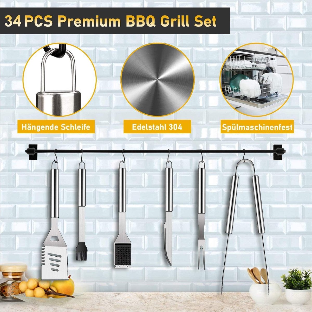 Ailuki 34-delige BBQ Grill Bestek Gereedschapsset Roestvrijstalen Barbecue Accessoires Koffer Thermometer Grill Set in Aluminium Opbergkoffer voor Kamperen - Ideale Grill Set voor Mannen en Vrouwen
