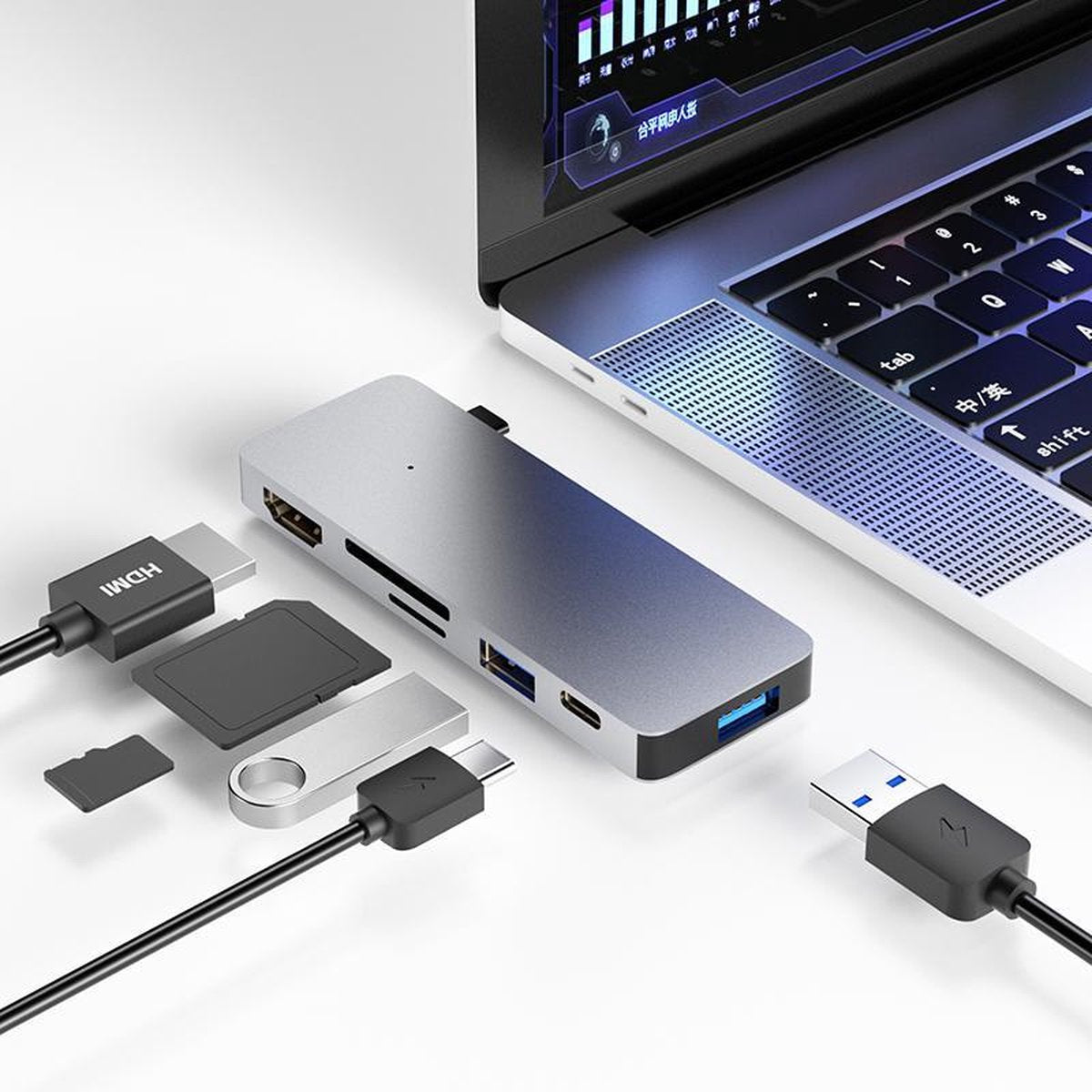 SBVR DS31 | 6 in 1 USB-C Adapter Hub | HDMI (Ultra HD | 4K) / USB-C 3.1 Power Delivery / 2* USB-A 3.0 / SD - Micro SD kaartsleuf | Geschikt voor o.a. MacBook Air/Pro / HP / Asus / Dell / Lenovo