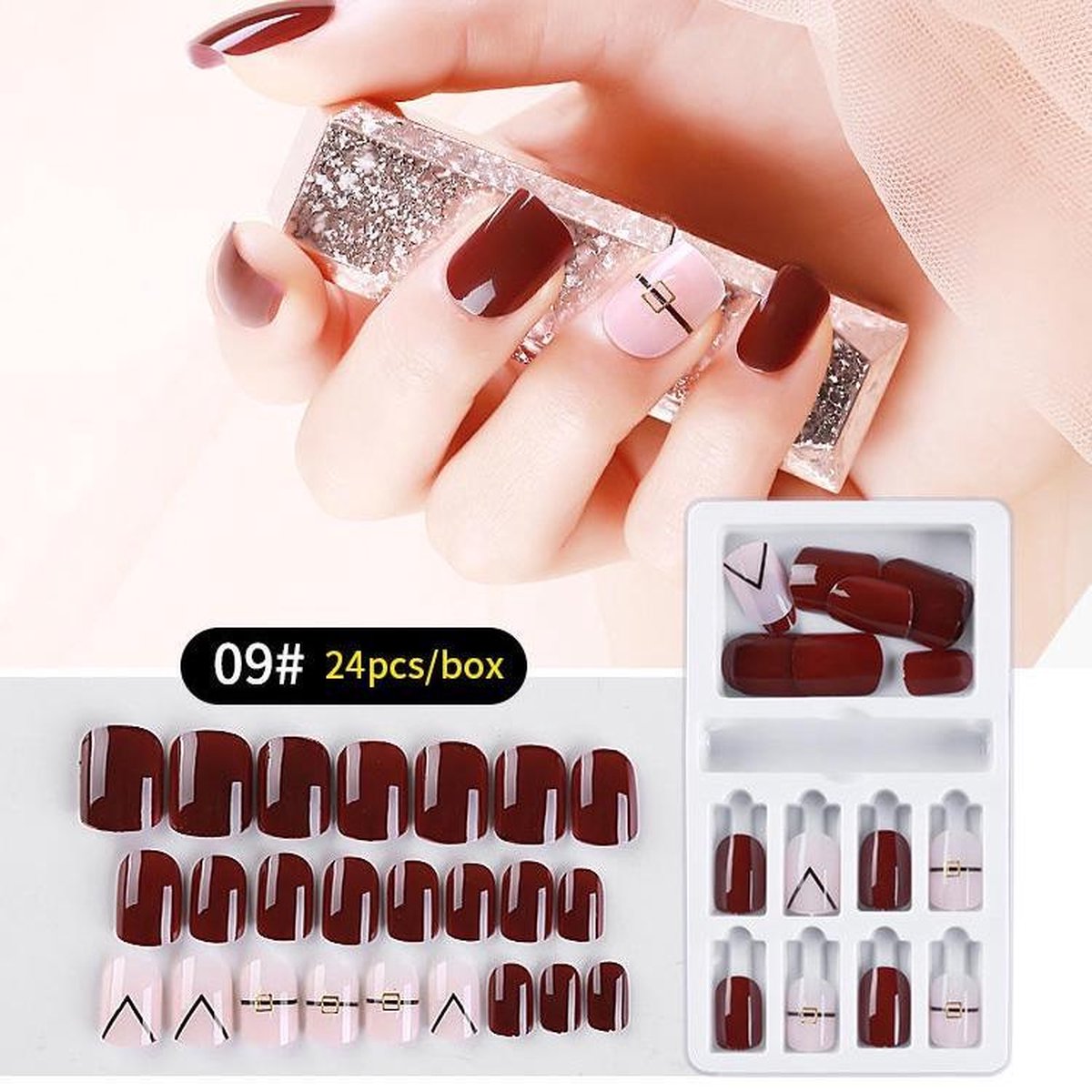 Herbruikbare Kunstnagels Strass #9 Roze/Wijnrood 24st.