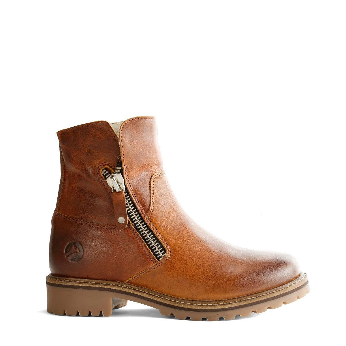 Travelin' Vartae - Stoere leren enkellaars - Dames - Wol gevoerd - Cognac Leer - Maat 36