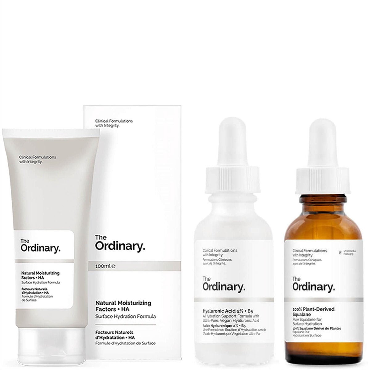 Tripple skincare set - Gezichtsverzorging - Hydrateert de hui - The Ordinary™ - The Ordinary Hyaluronic Acid 2% + B5 30ml + The Ordinary 100% Plant-Derived Squalane + The Ordinary Natural Moisturising Factors + HA 100ml