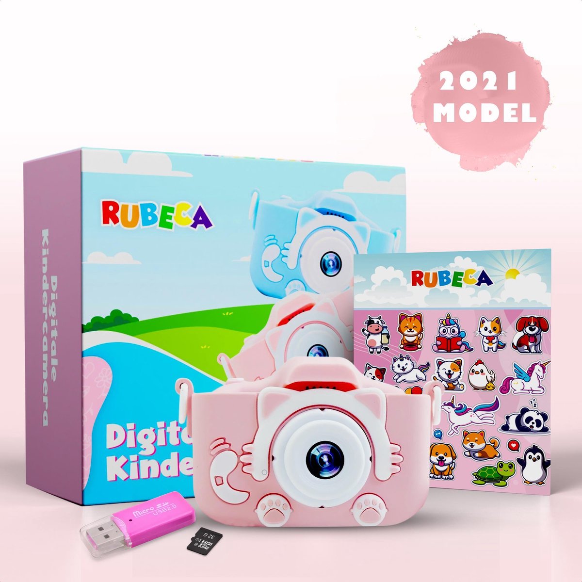 Digitale Kindercamera met 32GB Micro SD Kaart en SD Kaartlezer + Stickervel - Roze