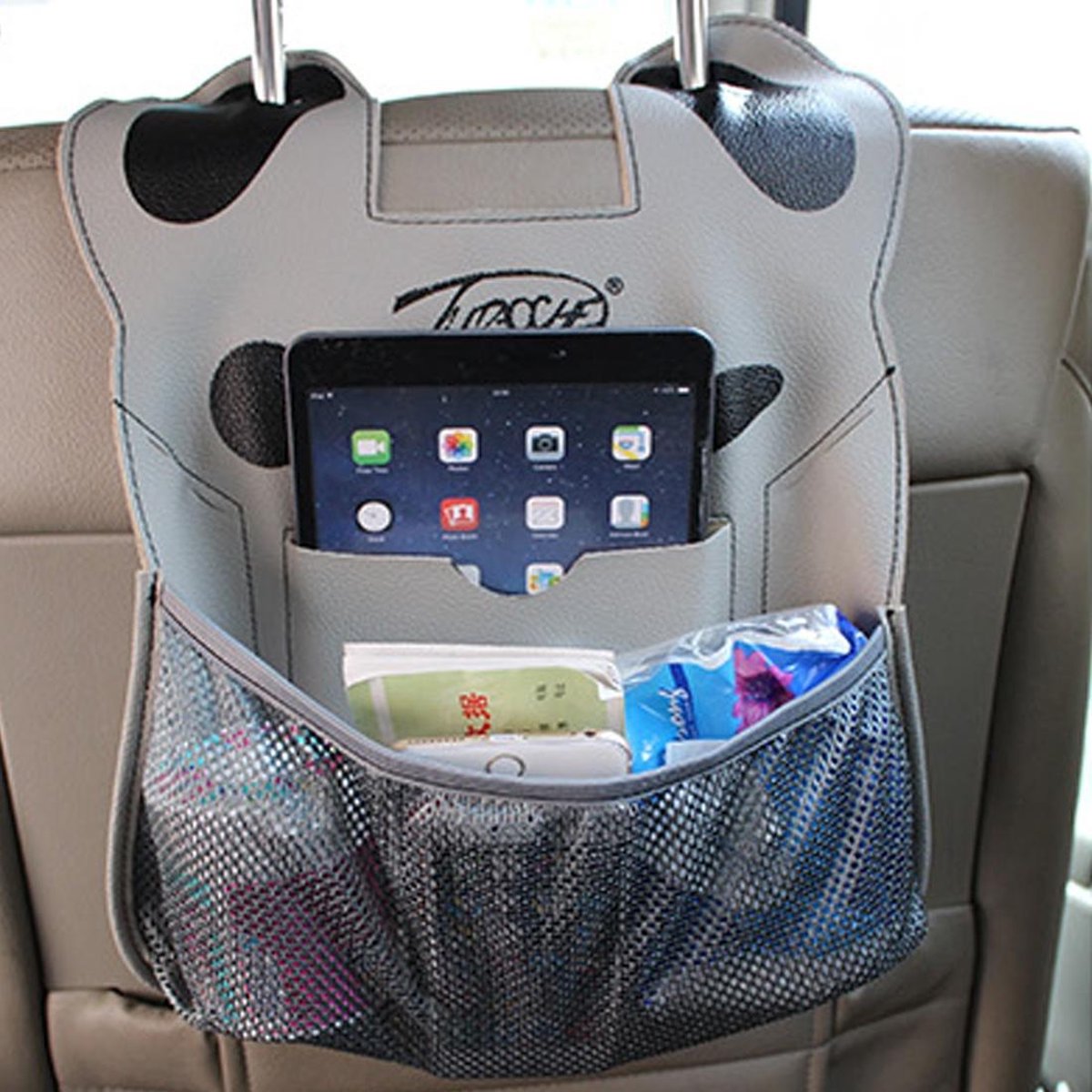 Cartoon Stijl Autostoel Terug Organizer Autostoel Opknoping Tas Opslag voor Snacks Drankjes Boeken ipad en telefoon (grijs)