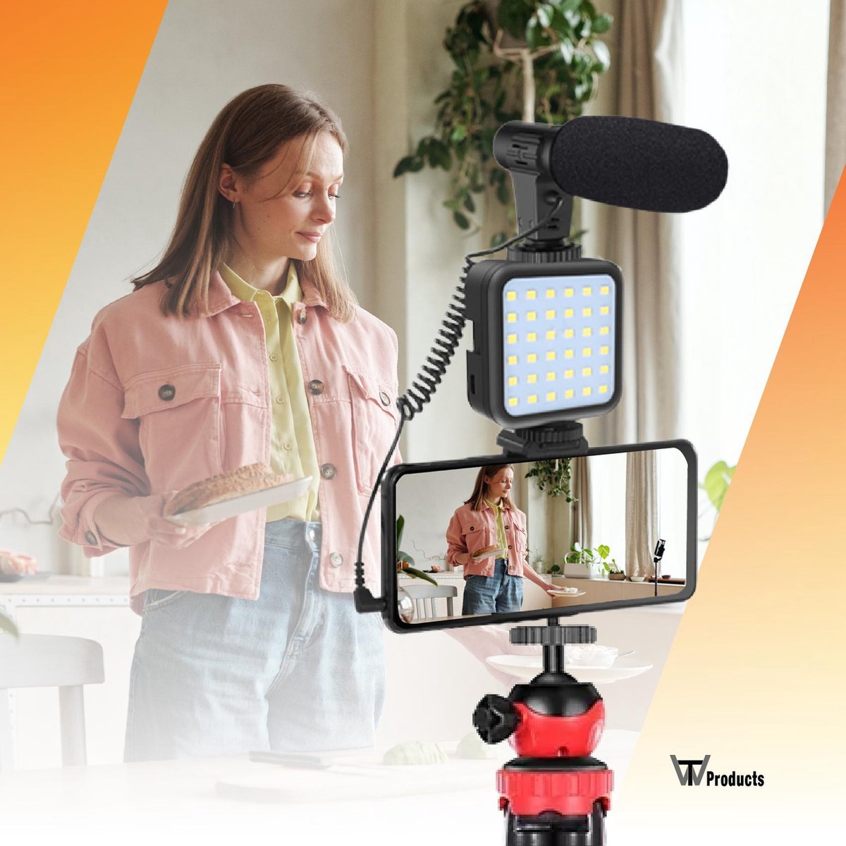 TW products Flexibele Houder – Statief voor Smartphone Camera GoPro – Bluetooth Remote – Draadloze Afstandsbediening – Met Ledlamp en Shotgun Microfoon – Vlog Kit - 360˚ draaibaar - Zwart