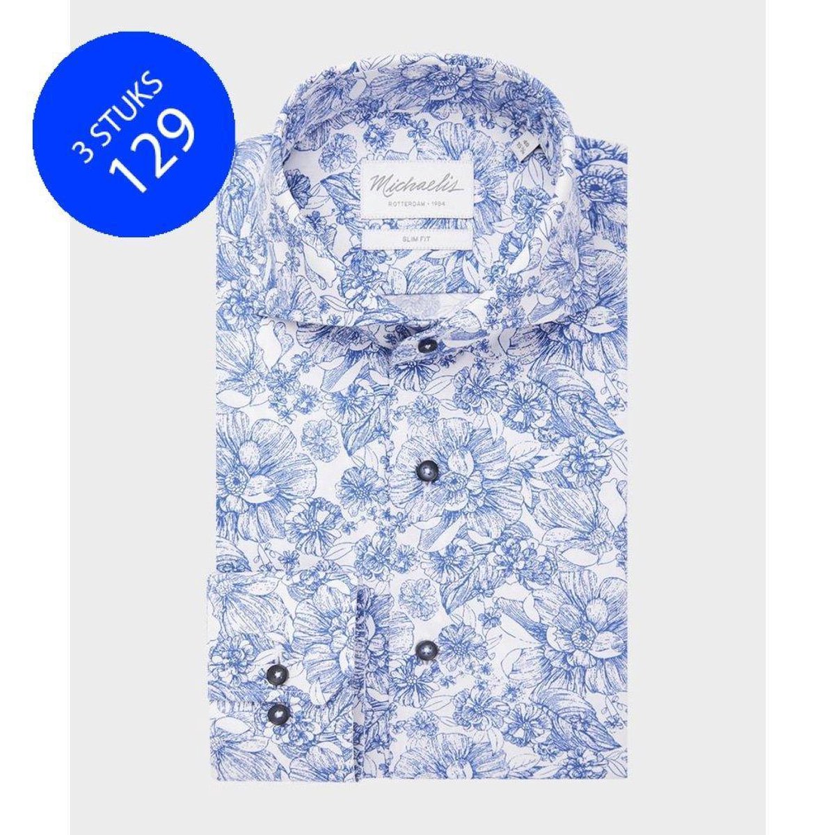 Michaelis Slim Fit overhemd - blauw met wit bloemen dessin - boordmaat 41