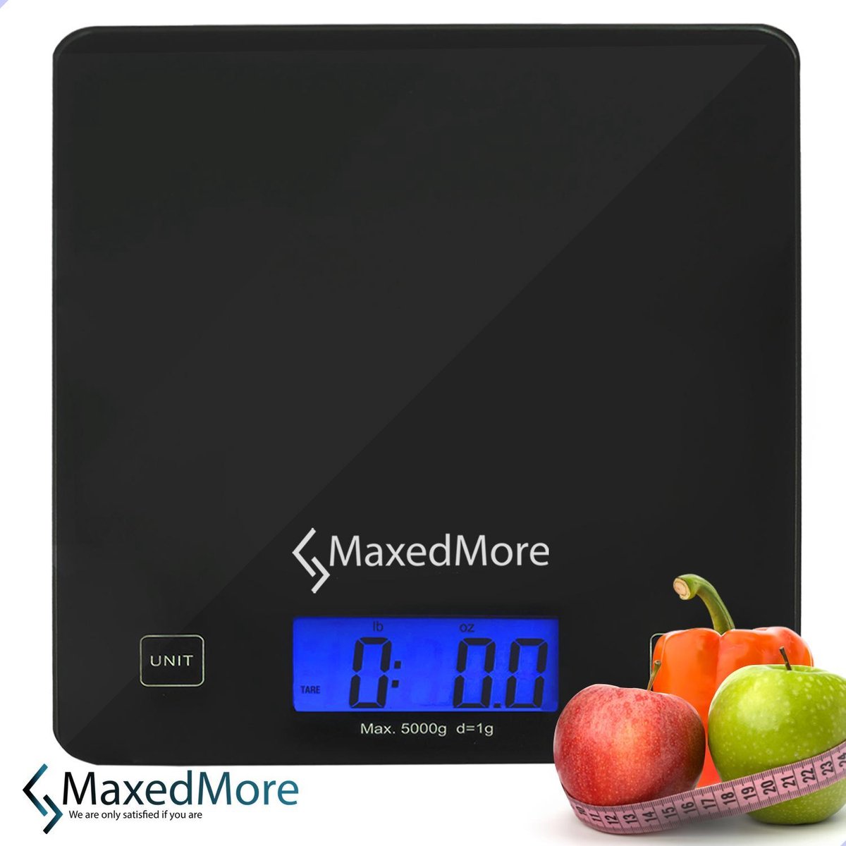 MaxedMore Digitale Keukenweegschaal met Bluetooth en App - Digitale Precisie Weegschaal voor Keuken - Tare / Tarra Functie - Weegt tot 5000 Gram (5kg) - Werkt op Batterijen - Smart Touch Bediening - Gemaakt van Gehard Glas met Antislip