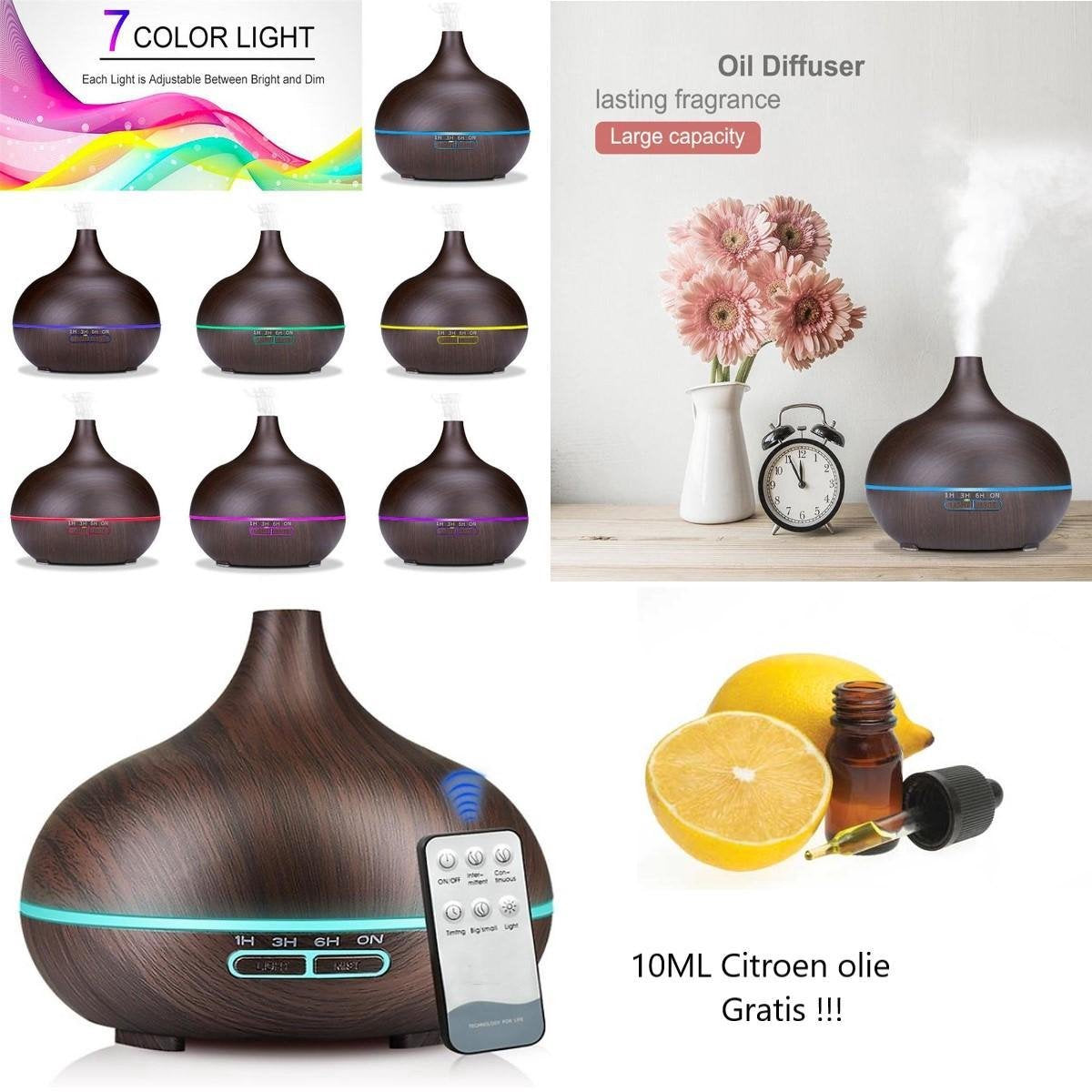 CPKG- Aromatic Therapy - Aroma Diffuser 550 ML - Geurverspreider - Luchtbevochtiger - Dark Wood Grain +10ml Citroen olie