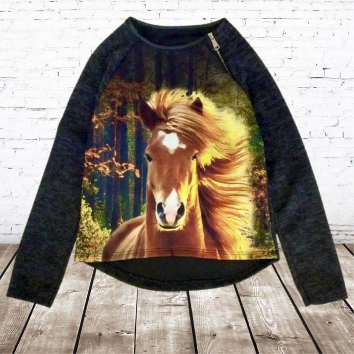 S&C Zwarte meisjes trui met paard - 98/104