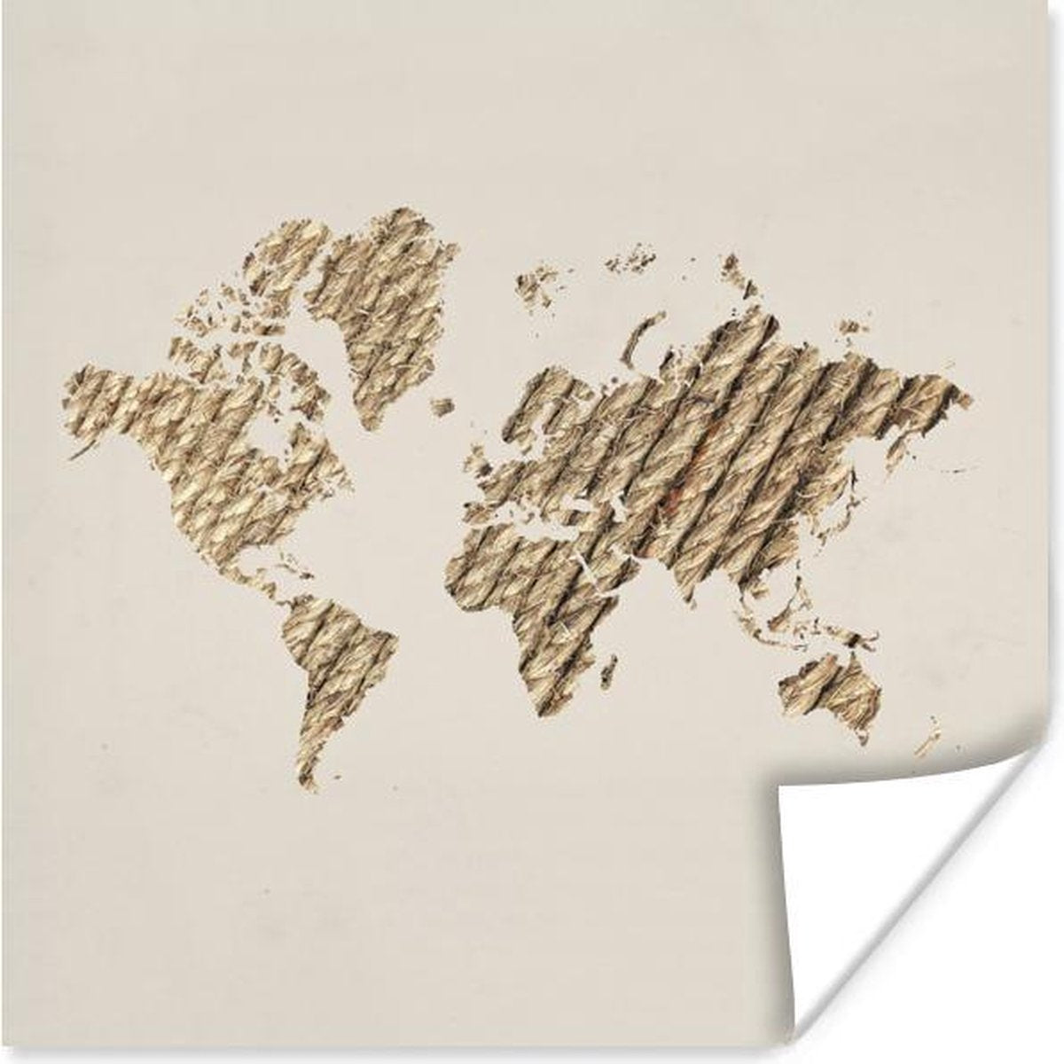 Muurdecoratie - Wereldkaart - Touw - Beige - 50x50 cm - Poster