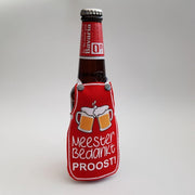 Rood schortje voor bierfles met "Meester bedankt. Proost!" - biertje