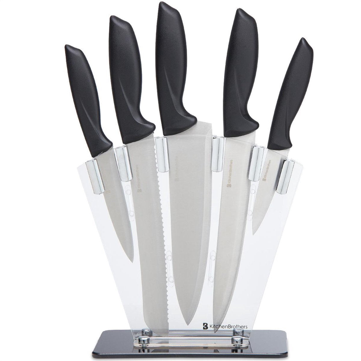 KitchenBrothers Messenset met Blok - 7-Delig - Keukenmessen incl. Koksmes - Met Messenslijper - Anti Kleeflaag - RVS / Zwart Handvat