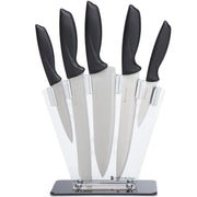 KitchenBrothers Messenset met Blok - 7-Delig - Keukenmessen incl. Koksmes - Met Messenslijper - Anti Kleeflaag - RVS / Zwart Handvat