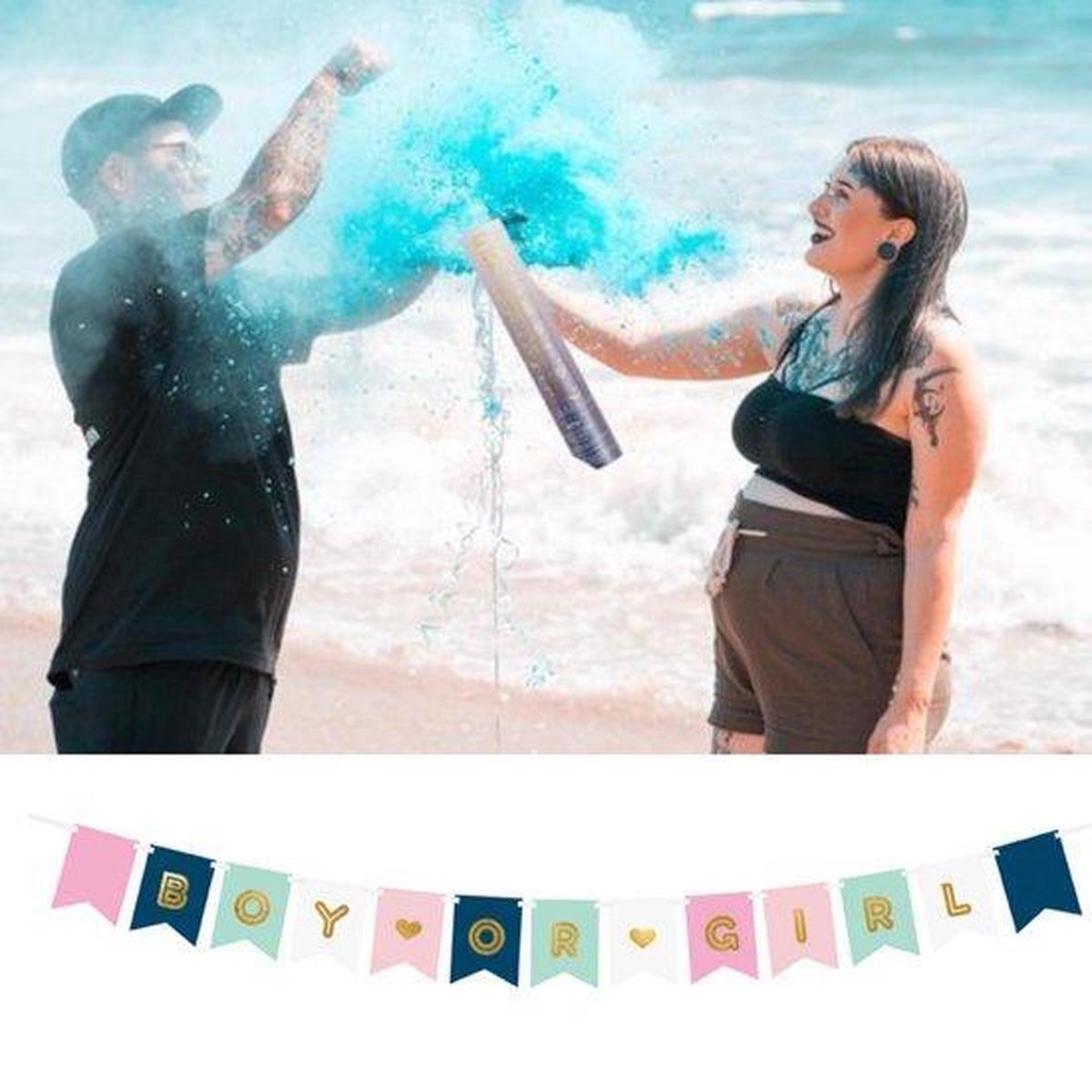 Gender Reveal pakket - 2x Rookkanon en confettikanon blauw + Boy or Girl slinger