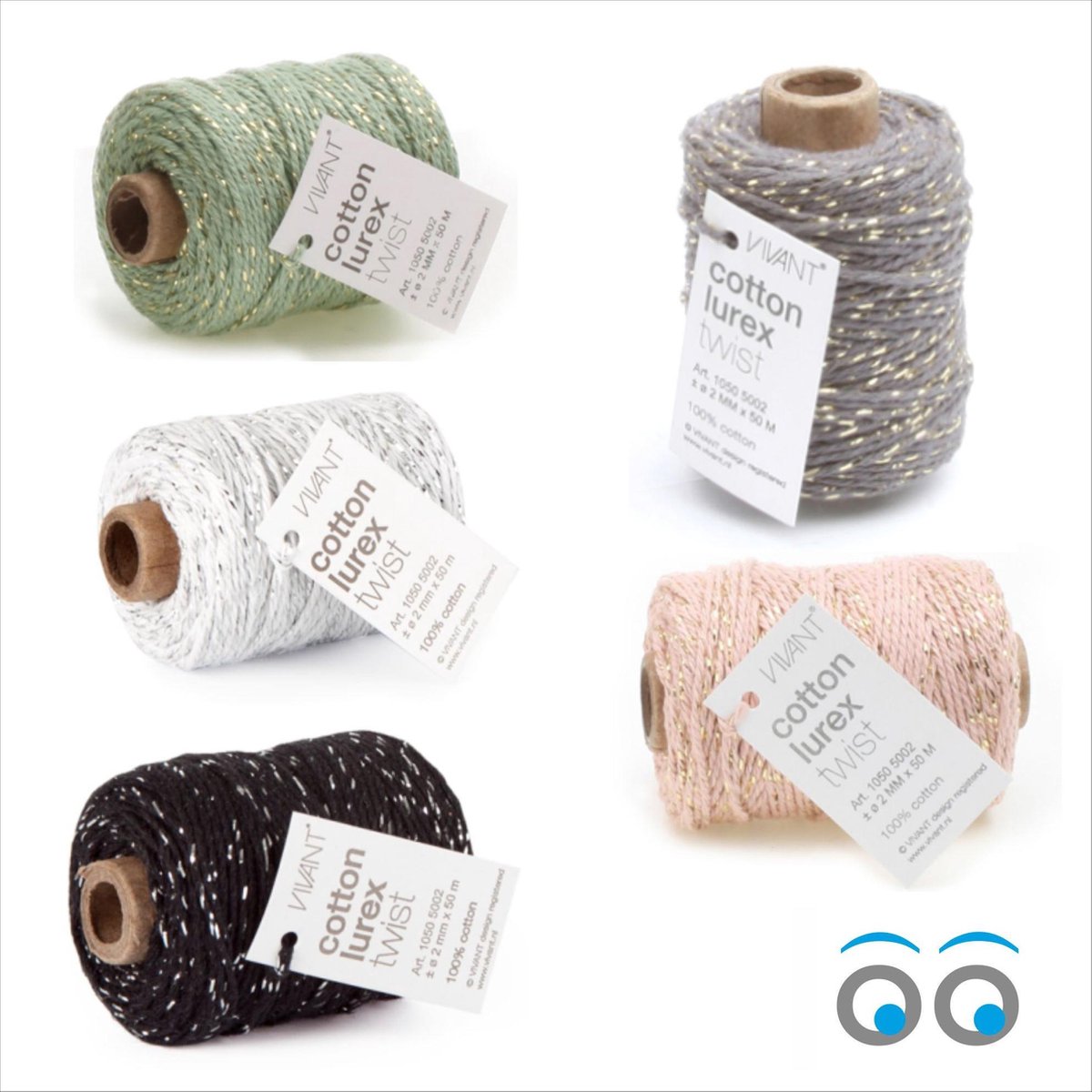 250 meter touw met glitter - set - 5 kleuren x 50 meter - Lurex - katoen