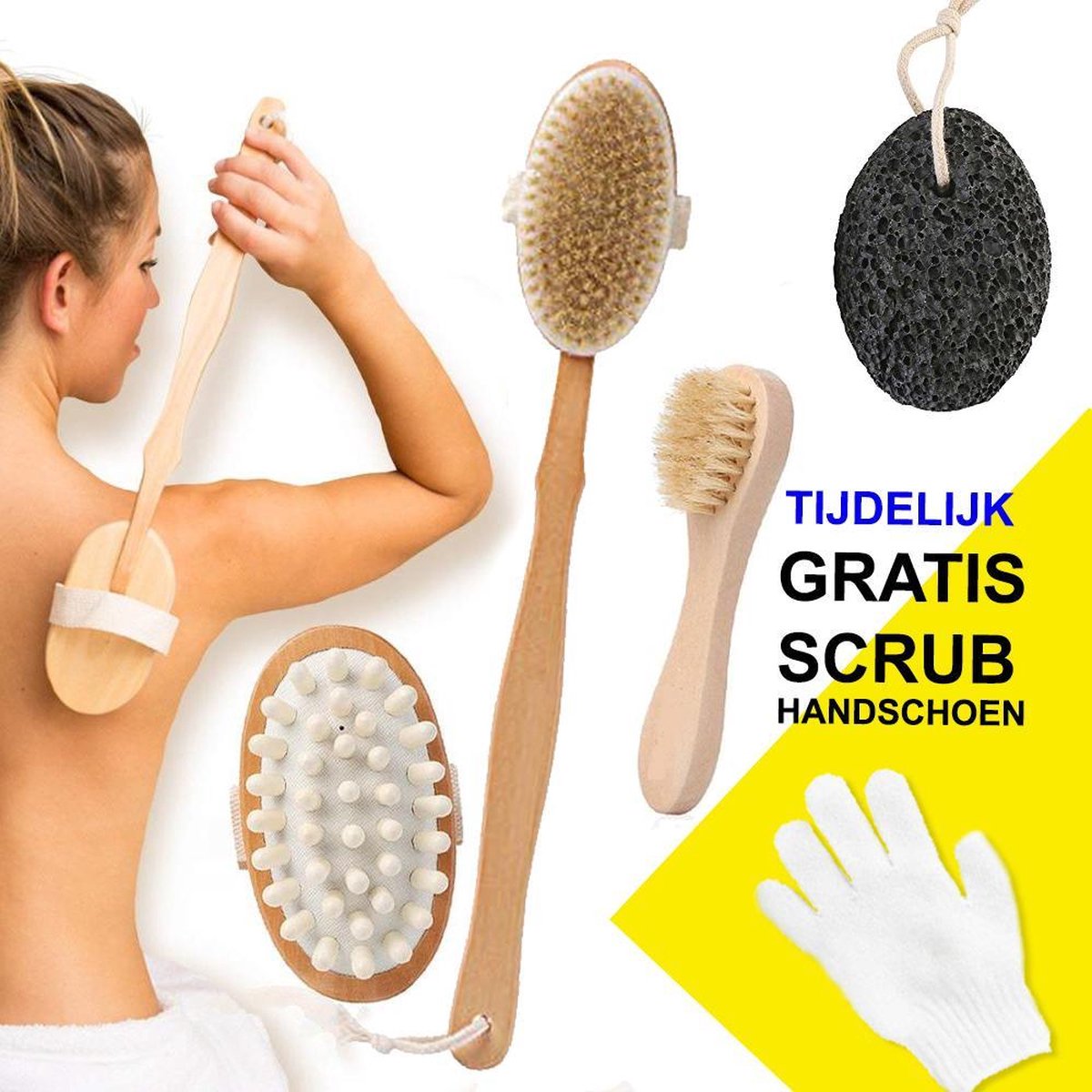 Rugborstel - Scrub Handschoen - Badborstel - Dry Brush - Gezichtsborstel - Gezichtsreiniger -  Doucheborstel Rugborstel - Huidborstel - Duurzaam Bamboe - Cellulite Borstel - 5-delige set - Hout