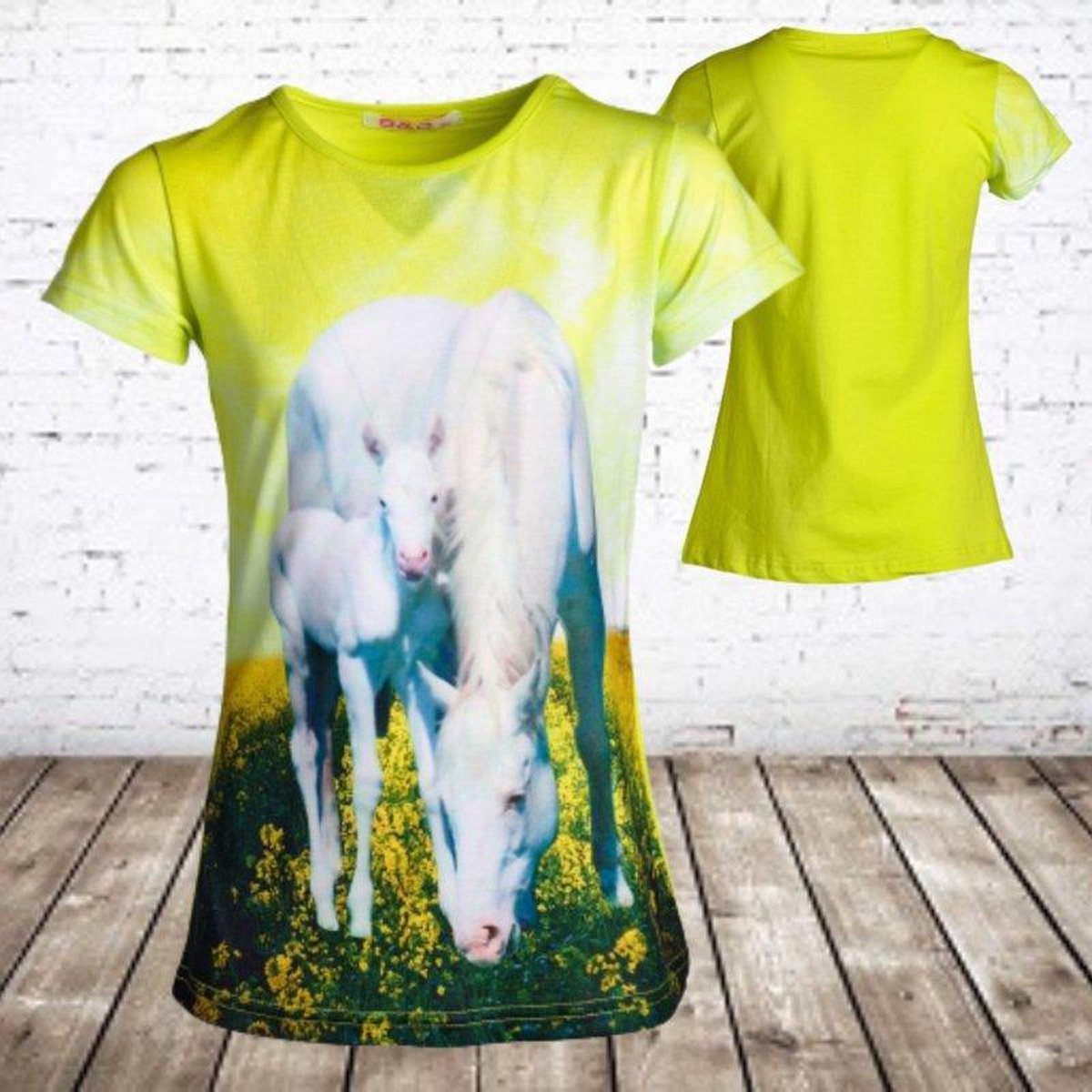 S&C Geel meisjes shirt met witte paarden - 98/104