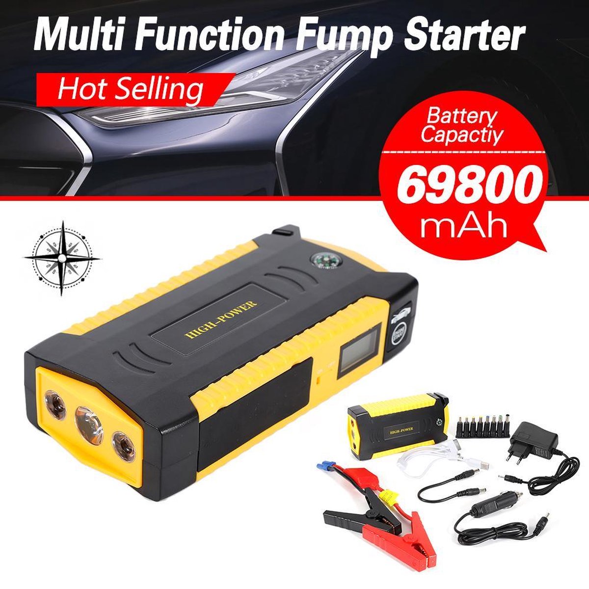 Mino High Power 6 in 1 Multifunctionele Krachtige Jumpstarter - Powerbank - 4 in 1 zaklamp- Auto/Motor/Bus/Boot - geel - Met Usb